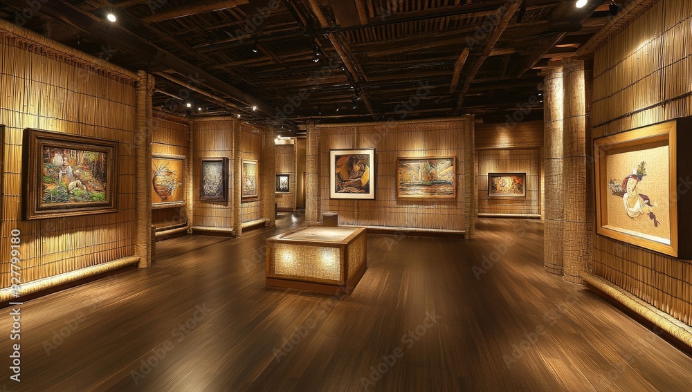 Bamboo walls, framed artwork, wooden floor. Bamboo walls, framed artwork, wooden floor.
