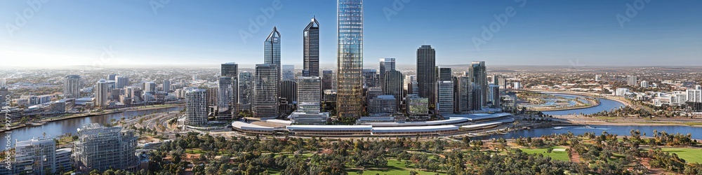 Panoramic View of a Modern Urban Skyline Featuring High-Rise Skyscrapers, Urban Green Spaces, and a Riverbank on a Clear Day Panoramic View of a Modern Urban Skyline Featuring High-Rise Skyscrapers, Urban Green Spaces, and a Riverbank on a Clear Day