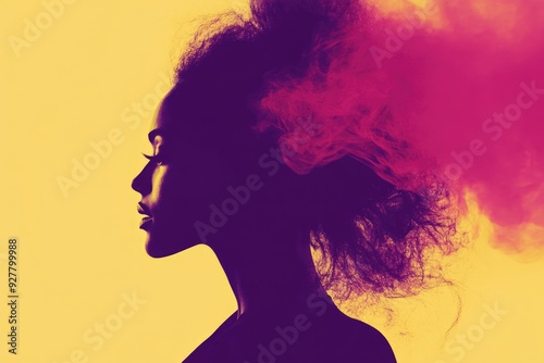 Abstract Silhouette of Woman with Pink Smoke Hairstyle on Yellow Background - Conceptual Design for Art Print