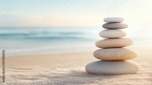 Close-Up of Smooth White Pebble Stack on Tranquil Beach for Zen and Meditation