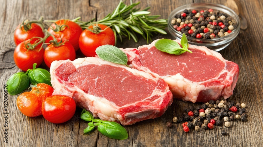 Fresh Lab-Grown Meat with Tomatoes, Herbs, and Pepper Mix on Rustic Wooden Background - Perfect for Culinary Projects Fresh Lab-Grown Meat with Tomatoes, Herbs, and Pepper Mix on Rustic Wooden Background - Perfect for Culinary Projects