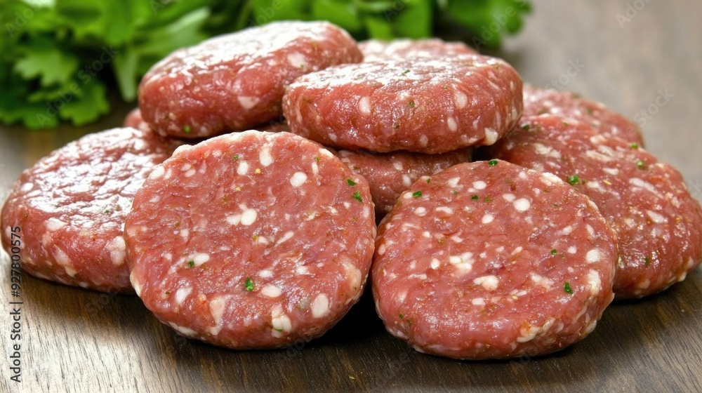 Lab-Grown Meat Patties on Wooden Surface - Cultured Meat for Sustainable Future, Food Innovation Concept Lab-Grown Meat Patties on Wooden Surface - Cultured Meat for Sustainable Future, Food Innovation Concept