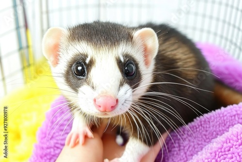 Adorable Ferret Curled Up in a Hand with Subtle Color Palette - Pet Care, Animal Love, Cute Mammal