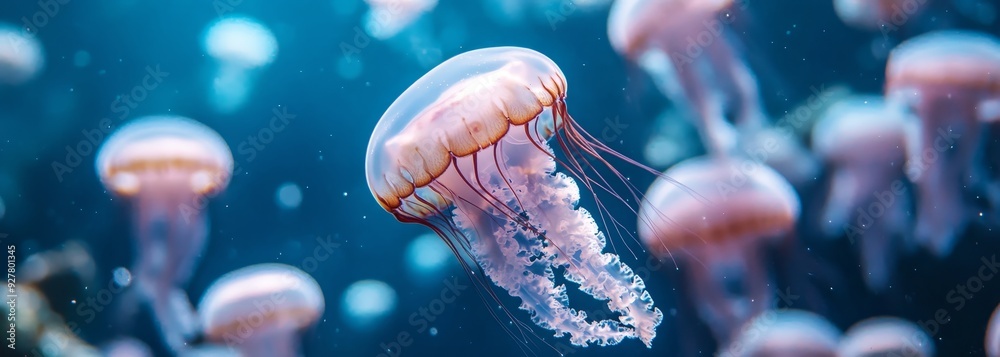 Obraz premium Jellyfish swimming in ocean sealife concept composition background 