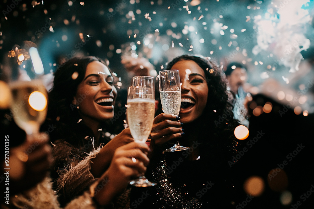 AI generated photo of beautiful girls celebrating New Year's Eve with champagne and confetti. Festive sparkle New year's party AI generated photo of beautiful girls celebrating New Year's Eve with champagne and confetti. Festive sparkle New year's party