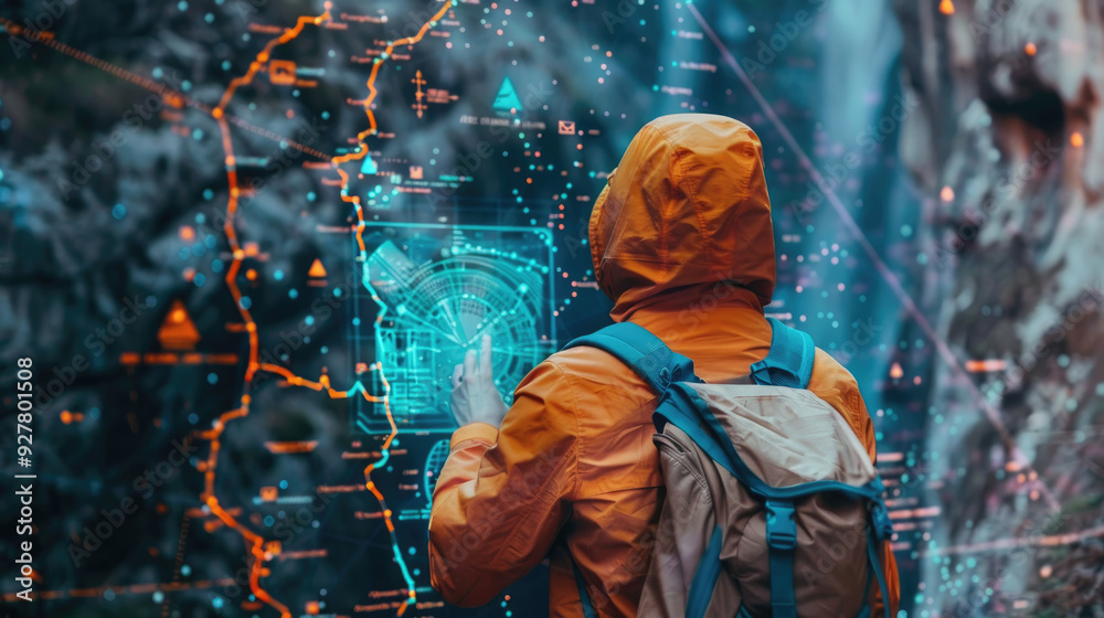 Obraz premium A hiker studies a digital map projected in front of them amid rugged mountains at dusk