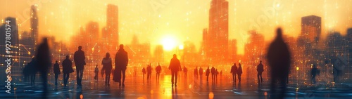 Silhouettes of people walking in a city at sunset.