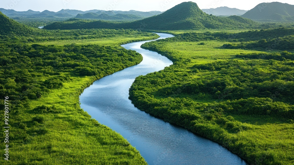 Serene River Flowing Through Lush Green Valley Serene River Flowing Through Lush Green Valley