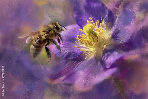 Closeup of Honeybee in Flight Testing for Varroa Mites on Flower. photo