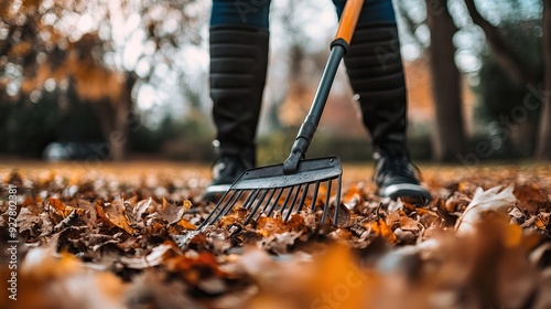 Raking Leaves in the Warm Autumn Sun. AI generated image