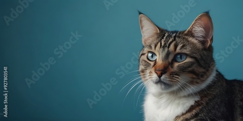 Studio shot of a gray and white striped cat, Cat on Solid Blue Background