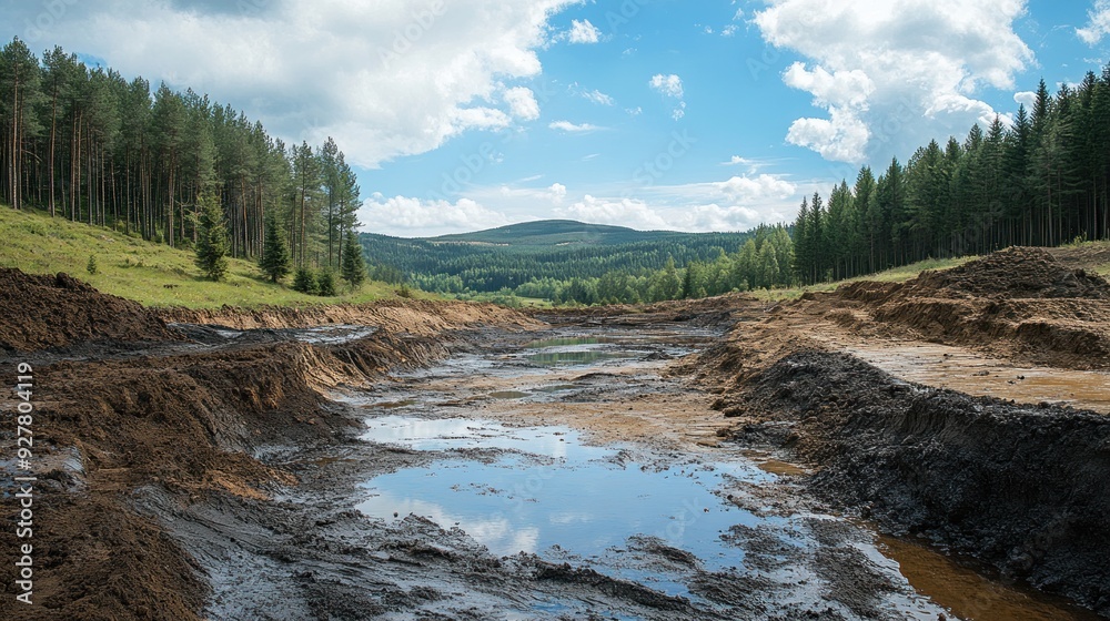 Muddy Landscape with Forest and Distant Hills