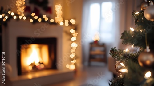 Christmas decorated tree with blured background of fireplace.