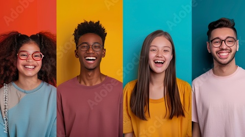 Four diverse people wearing glasses and smiling brightly, each against a different color background red, yellow, blue, and green.
