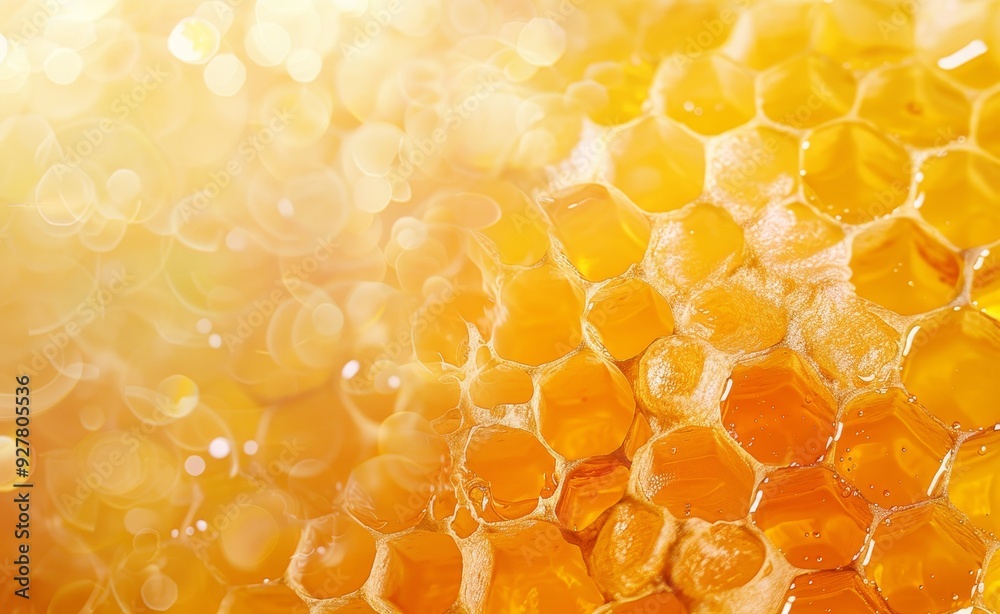 Closeup of Honeycomb Texture with Golden Honey in Hexagonal Cells Closeup of Honeycomb Texture with Golden Honey in Hexagonal Cells