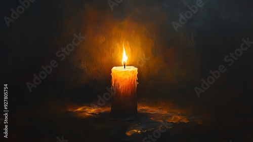 Single candle burning brightly in the darkness.