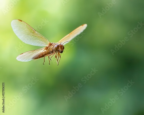 Insect with a shiny exoskeleton gliding through the air, wings spread wide, motion blur effect with ample space for text at the end.