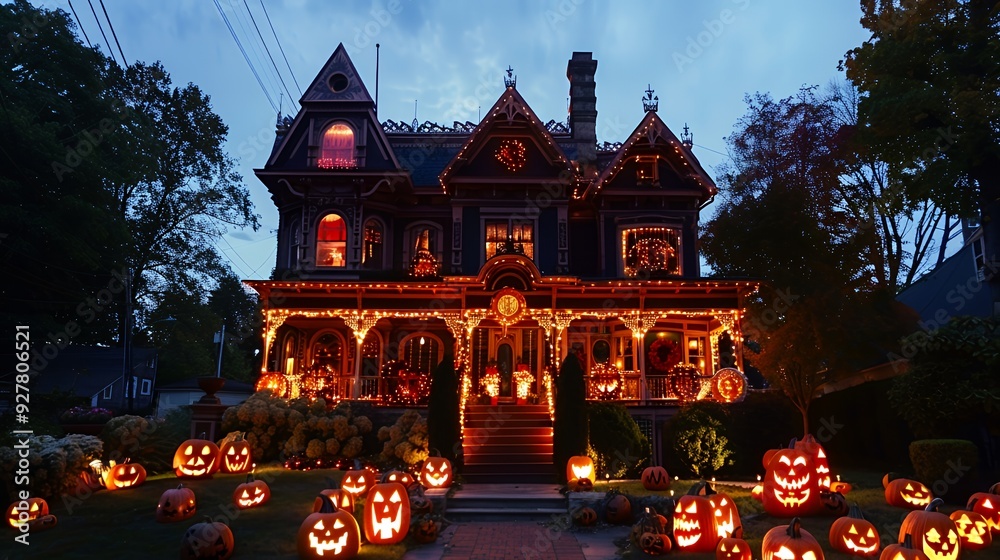 Fototapeta premium A Victorian-style house is lit up for Halloween with jack-o-lanterns on the lawn.