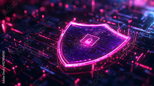 Cybersecurity Futuristic 3D Digital Illustration with a Glowing Shield and Lock
