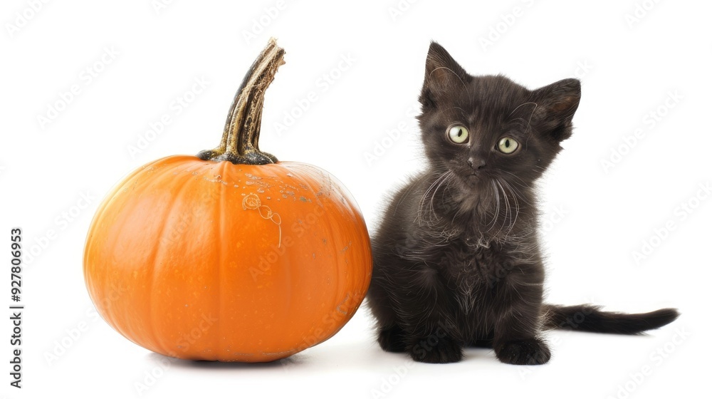 A small pumpkin next to a cute black kitten with green eyes on a white background A small pumpkin next to a cute black kitten with green eyes on a white background