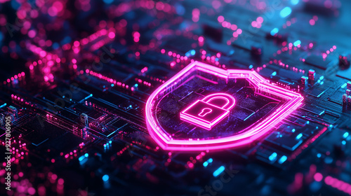 Cybersecurity Futuristic 3D Digital Illustration with a Glowing Shield and Lock