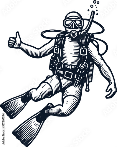 Scuba Diving Hand Drawn Line Art  Vector Art Illustration On Solid White Background