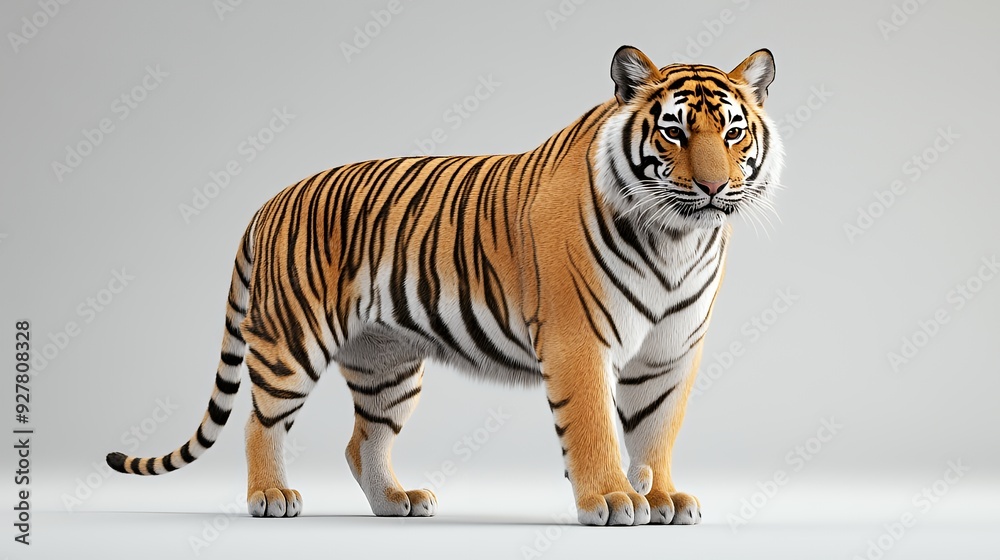 Obraz premium A majestic tiger stands on a white background with its orange and black stripes clearly visible.