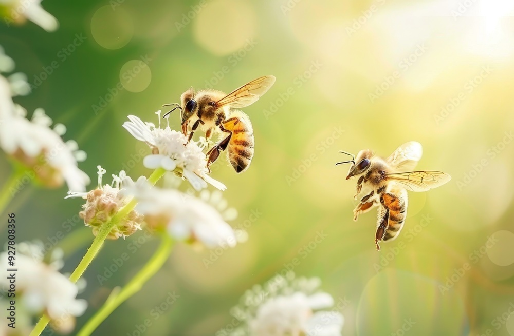 Naklejka premium Honeybee in Flight Near White Flowers with Blurred Green Surroundings
