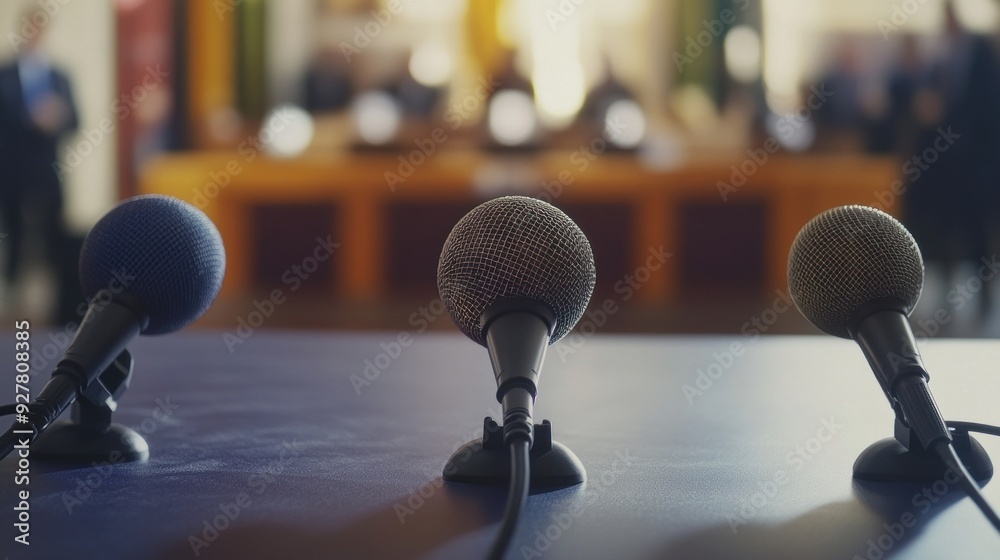 Obraz premium Microphones set up on a table with a pressroom background