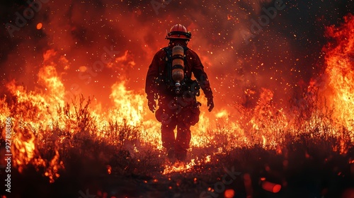 A firefighter fighting a natural disaster. The concept of fighting a forest fire.