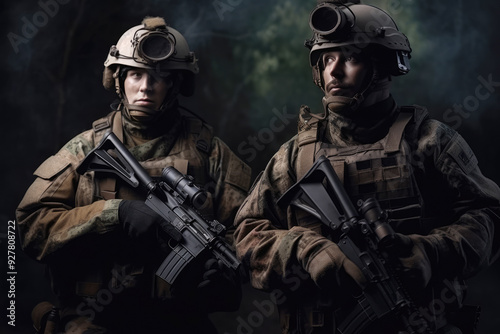 generated illustration portrait military soldiers move into position, war forces.