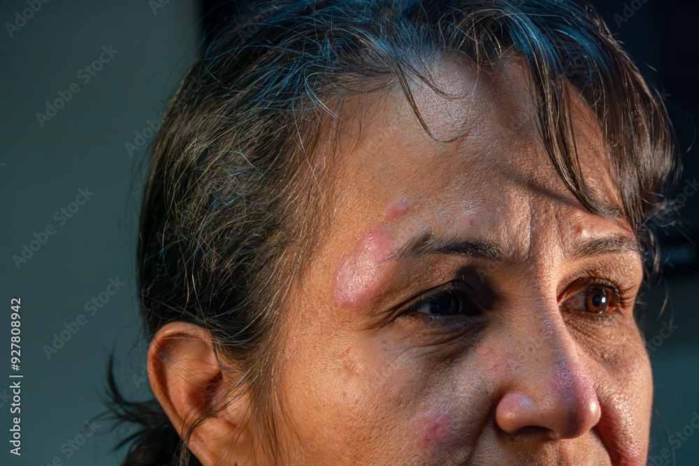 Healthcare and medicine: Hispanic mature woman suffering from the skin chronic disease rosacea.