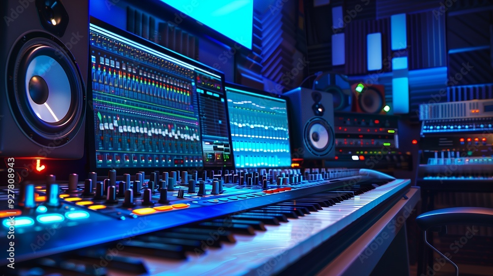 A music studio with a keyboard, monitor, and speakers. A music studio with a keyboard, monitor, and speakers.