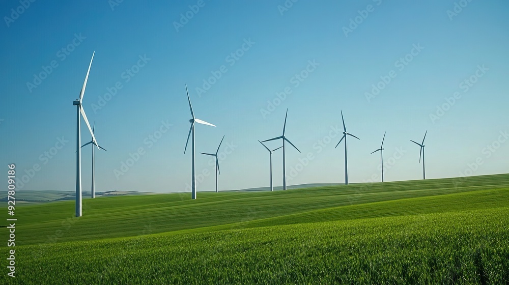 Wind turbines standing in a vast green field under a clear blue sky. AI generated image Wind turbines standing in a vast green field under a clear blue sky. AI generated image
