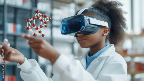 A student wearing a virtual reality headset, interacting with a 3D model of a chemistry molecule, futuristic innovation and technology.