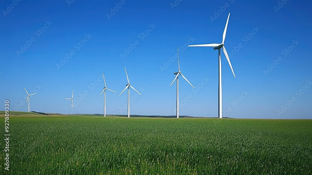 Wind turbines standing in a vast green field under a clear blue sky. AI generated image Wind turbines standing in a vast green field under a clear blue sky. AI generated image