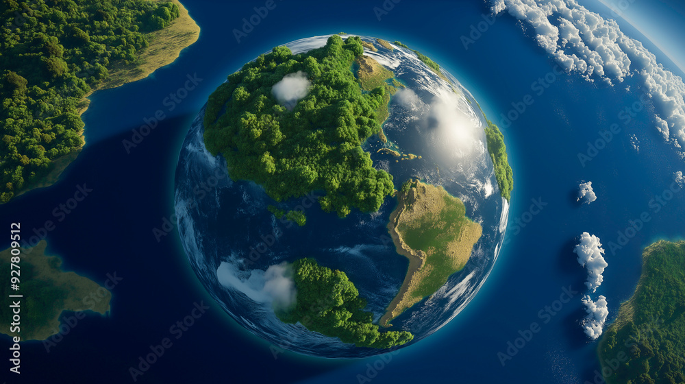 The earth floating in the dark blue sky with its blue oceans, continents and atmosphere, Represents the rich world and the preservation of the world. The earth floating in the dark blue sky with its blue oceans, continents and atmosphere, Represents the rich world and the preservation of the world.