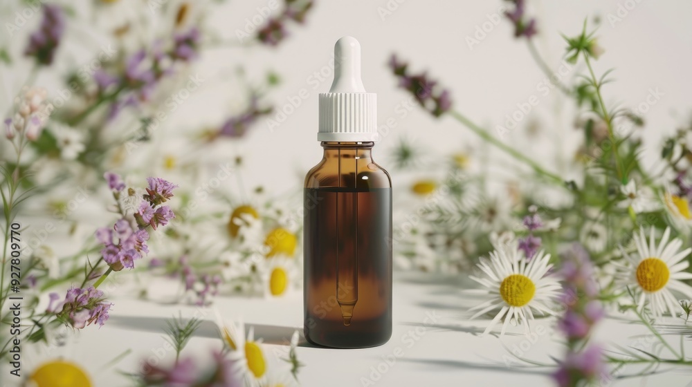 Bottle with dropper wildflower herb mock up for alternative medicine Bottle with dropper wildflower herb mock up for alternative medicine