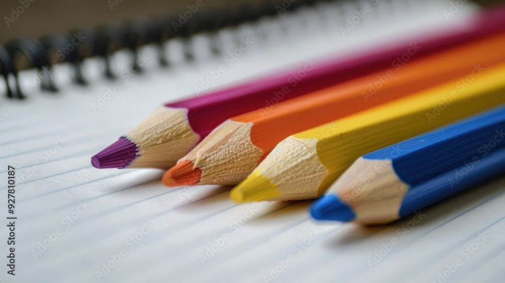 Colorful pencils on table beside empty notebook page Colorful pencils on table beside empty notebook page