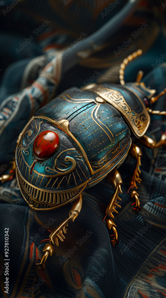Fototapeta premium Close up photo of an Ancient Egyptian scarab beetle ornament with gems on a cloth. Antique object and artifacts museum exhibit.