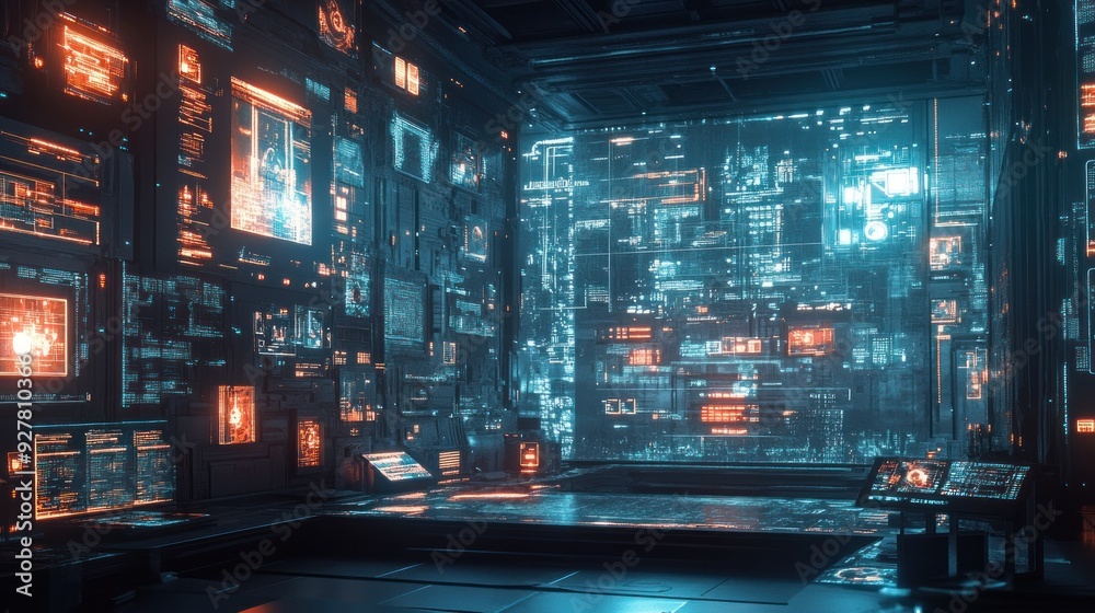 Futuristic Control Room with Glowing Screens Futuristic Control Room with Glowing Screens