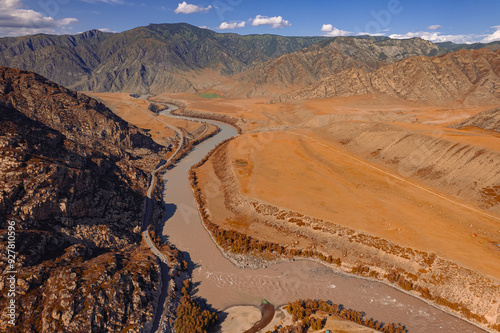 Beautiful autumn landscape Katun river and mountains, famous tourist spot in republic Altai mountains, Russia, aerial top view photo