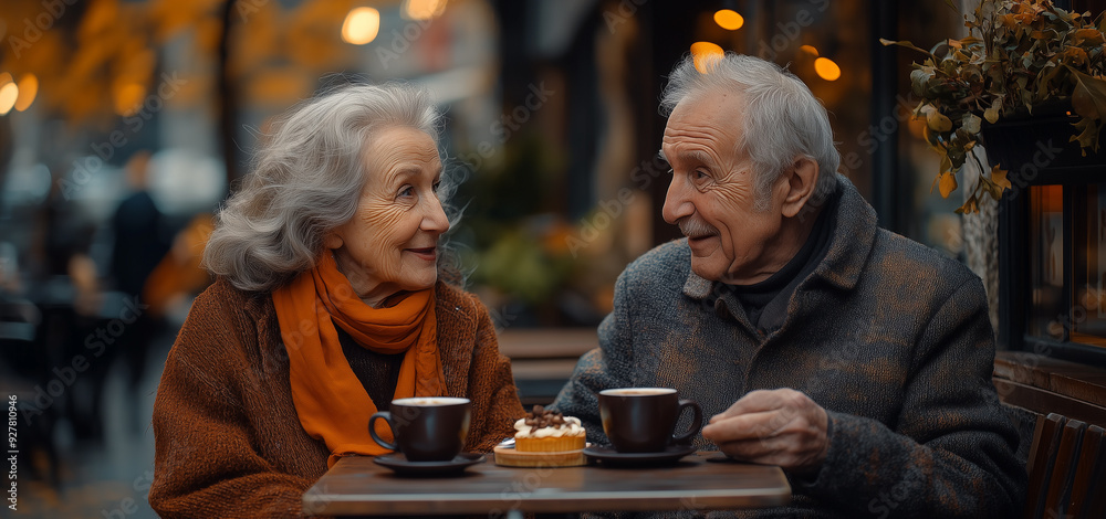 Elderly couple is spending quality time together, holding coffee cups and engaging in conversation at an outdoor cafe Elderly couple is spending quality time together, holding coffee cups and engaging in conversation at an outdoor cafe