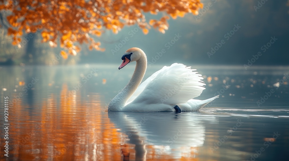 Fototapeta premium White Swan on a Lake with Autumn Foliage
