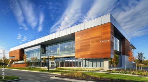 A sleek modern building exterior displays a mix of fiber cement, wooden cladding, and metal panels, blending diverse materials for a striking architectural statement.