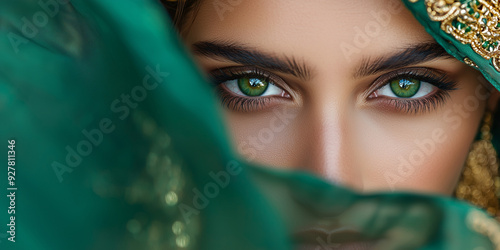 Close-Up Portrait of a Woman with Green Eyes and a Green Scarf