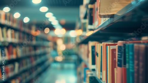 Public library blurred books, books on bookshelf in library, abstract blur defocused background vintage design