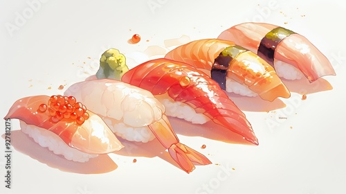 Five pieces of sushi on a white background with a few scattered red and gold dots. photo