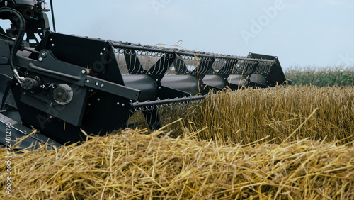 Obraz na płótnie Close-up of a combine harvester in action, cutting through a dense wheat field. Modern farming technology designed for high-efficiency grain harvesting. Agricultural machinery. w salonie