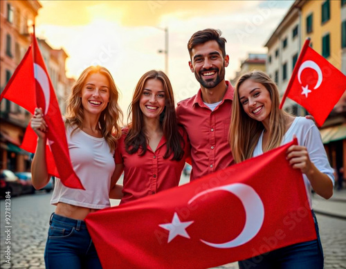 four young people holding turkish flags with a city street background with sunset sky